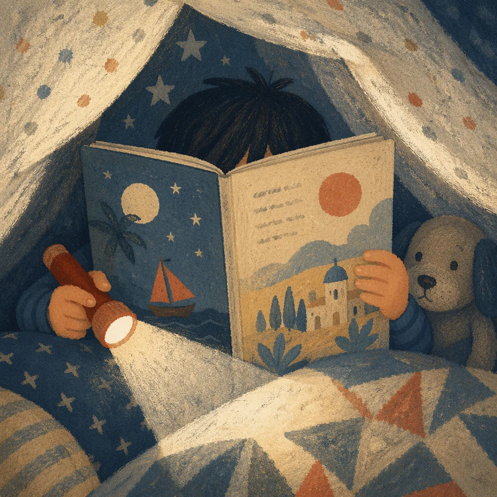Child Reading by Flashlight in Blanket Fort