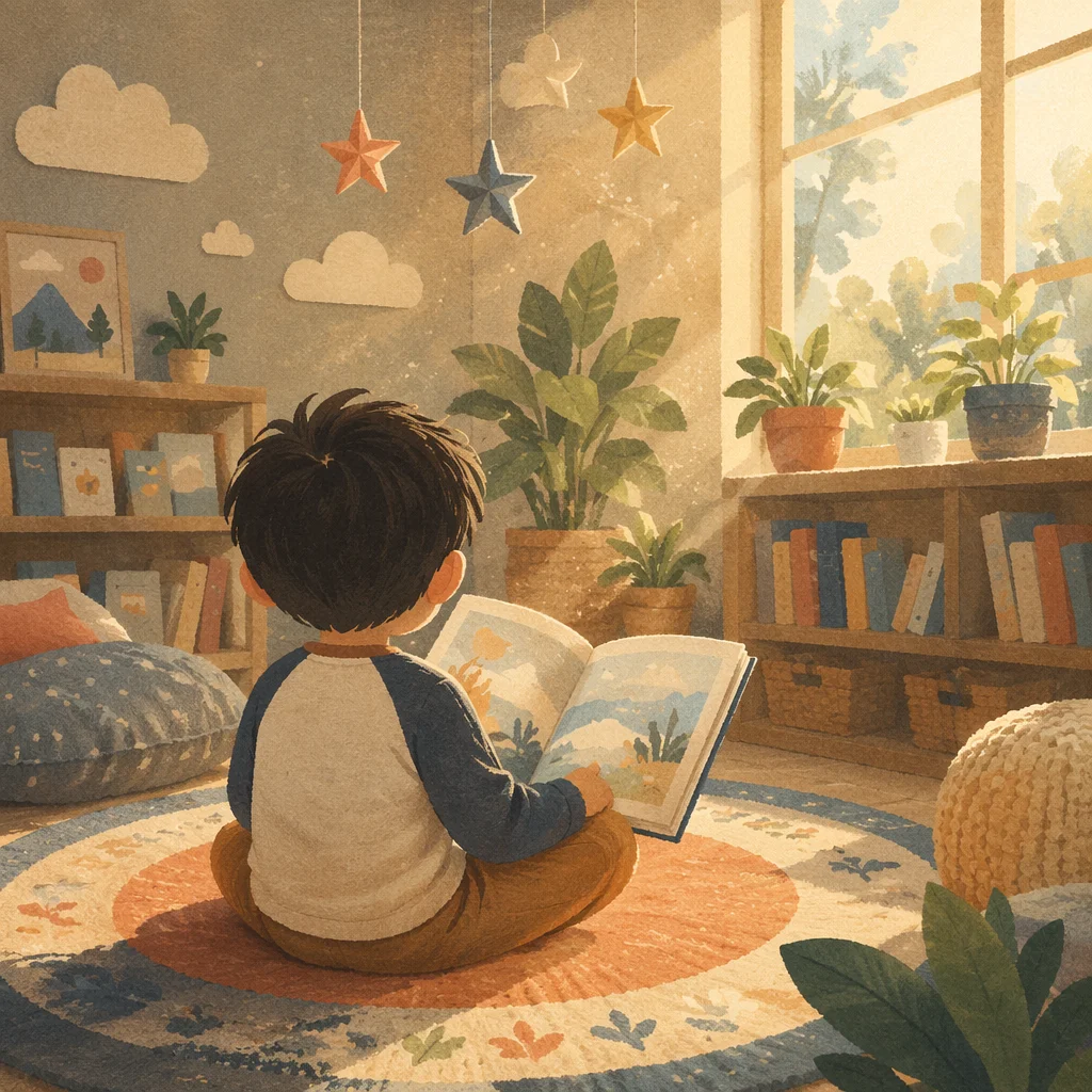 Child Reading Book in Quiet Wonder