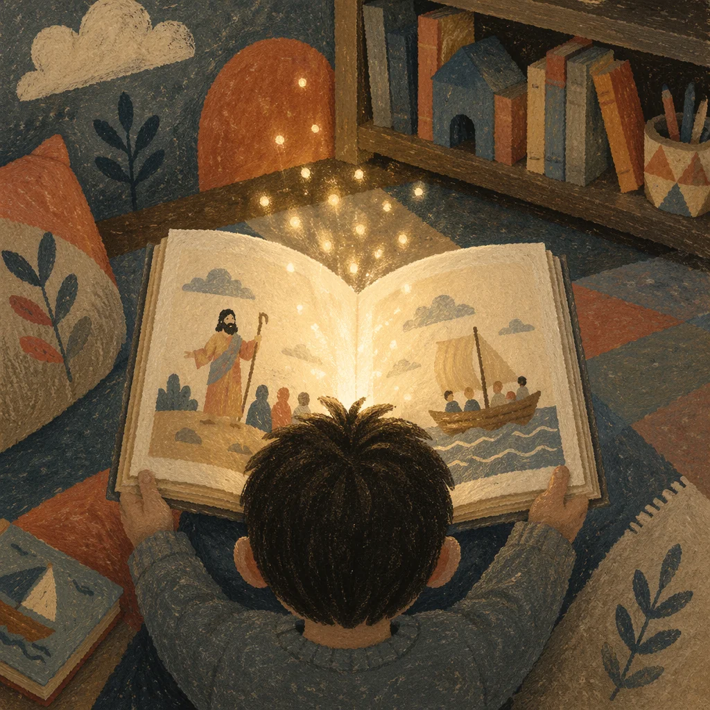 Child Reading Storybook with Glowing Wonder