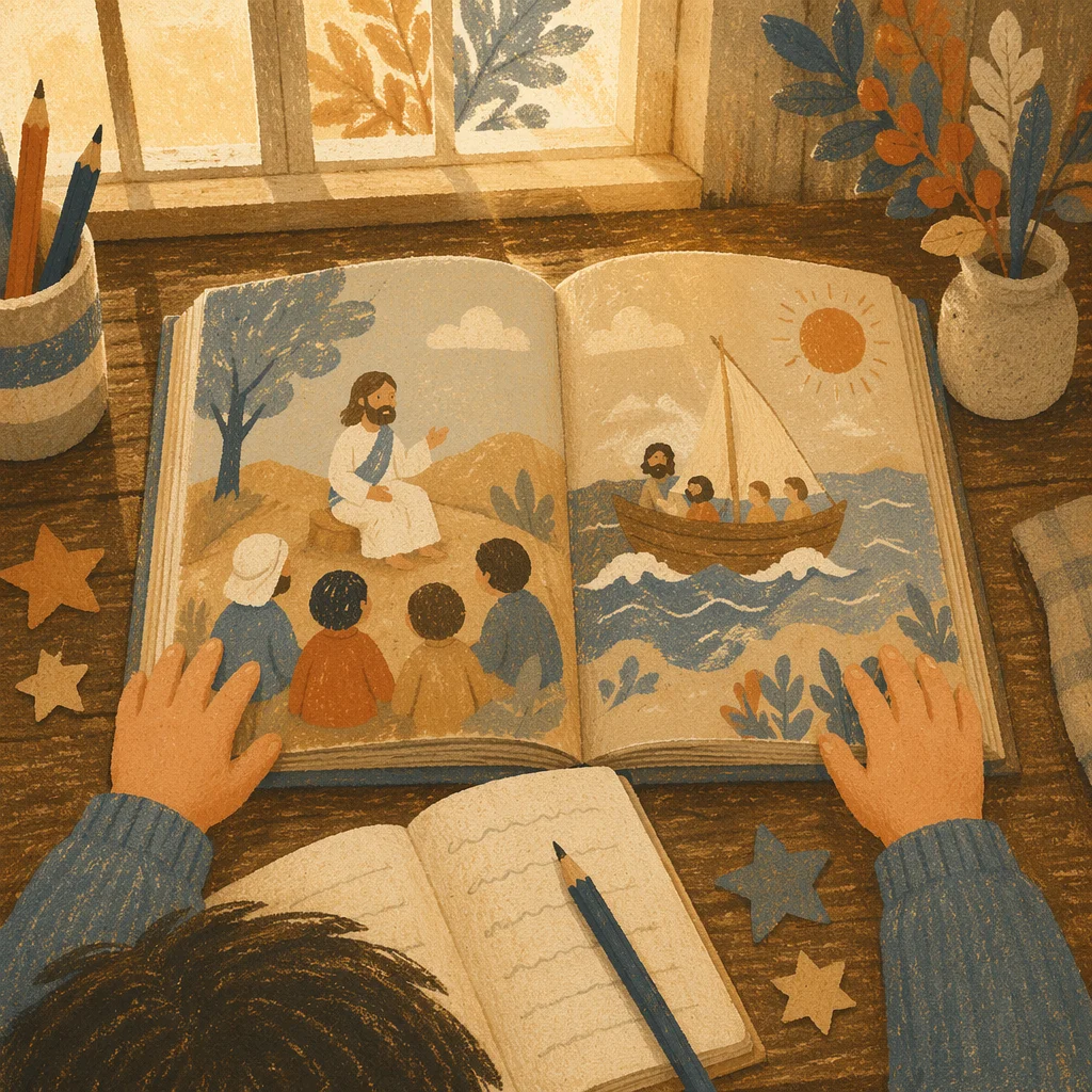 Child Hands Reading Storybook in Morning Light