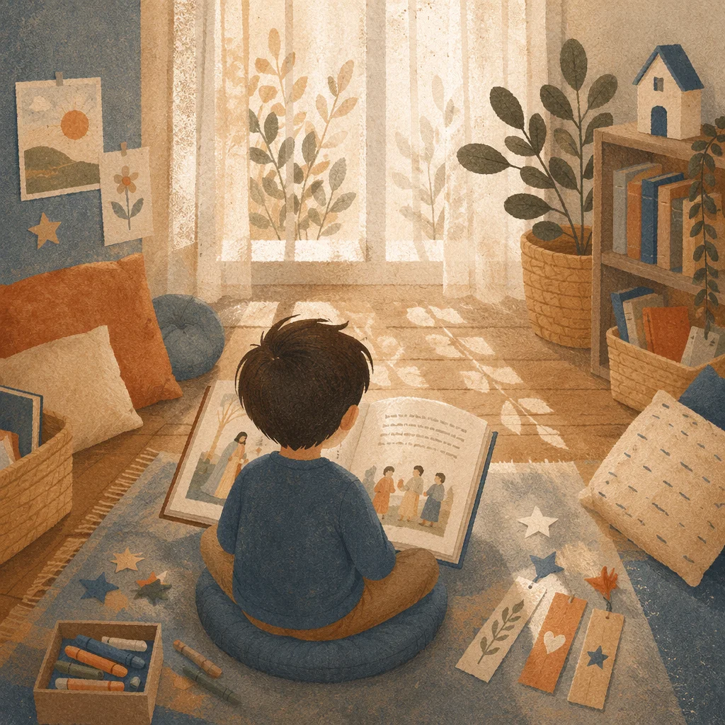 Child Reading in Sunlit Classroom Corner