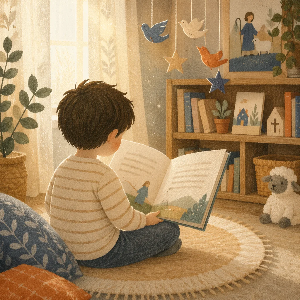Child Reading in Morning Wonder