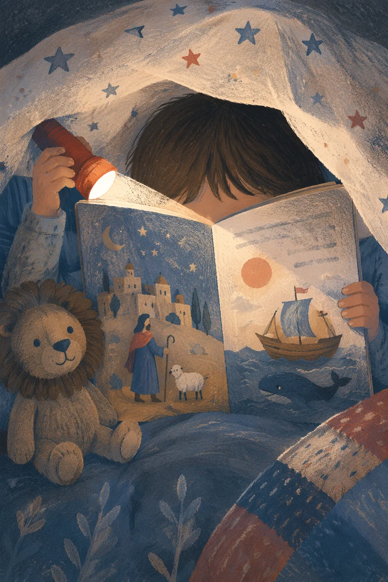 Child Reading by Flashlight in Blanket Fort