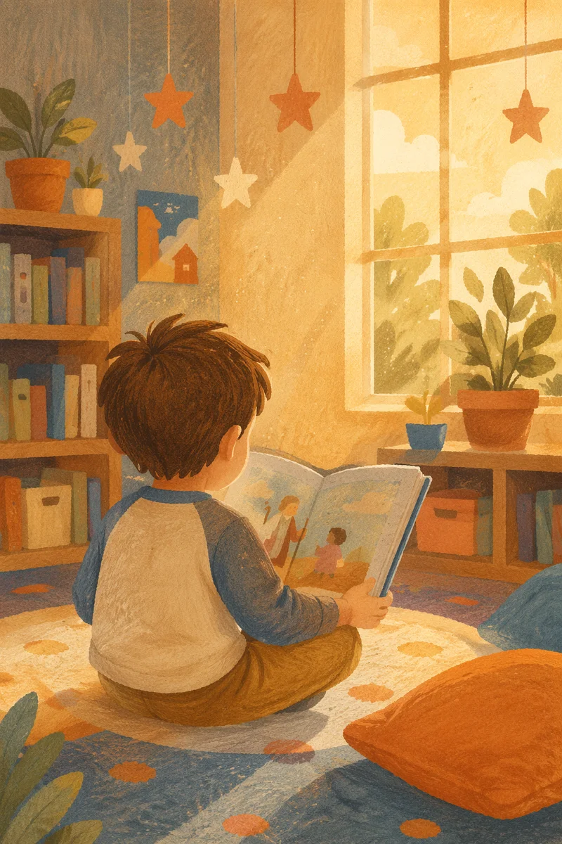 Child Reading with Wonder in Classroom