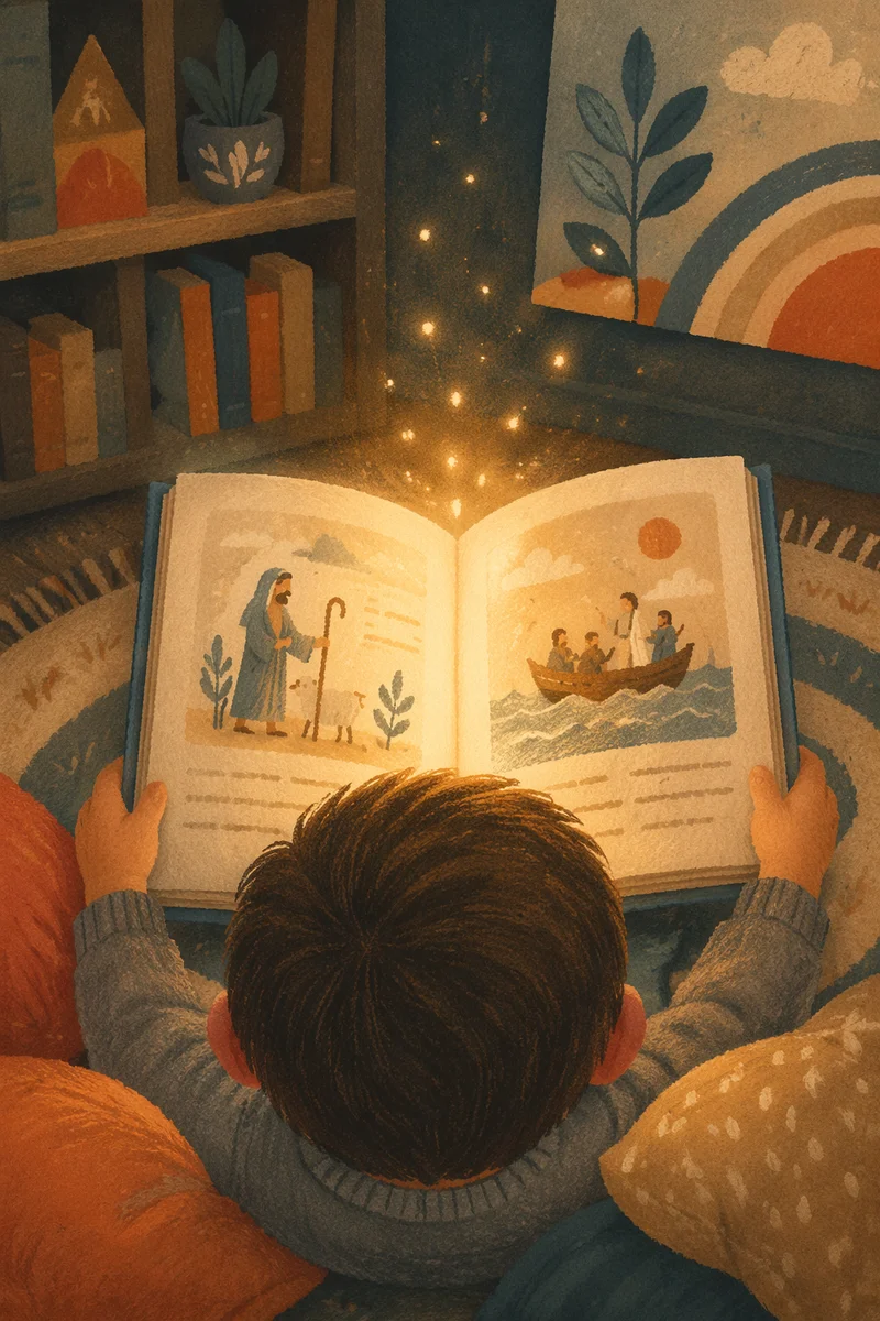 Child Reading Storybook with Glowing Wonder