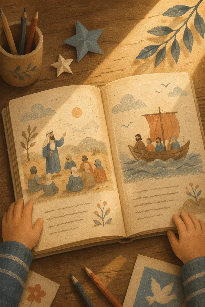 Child Reading With Wonder at Wooden Desk