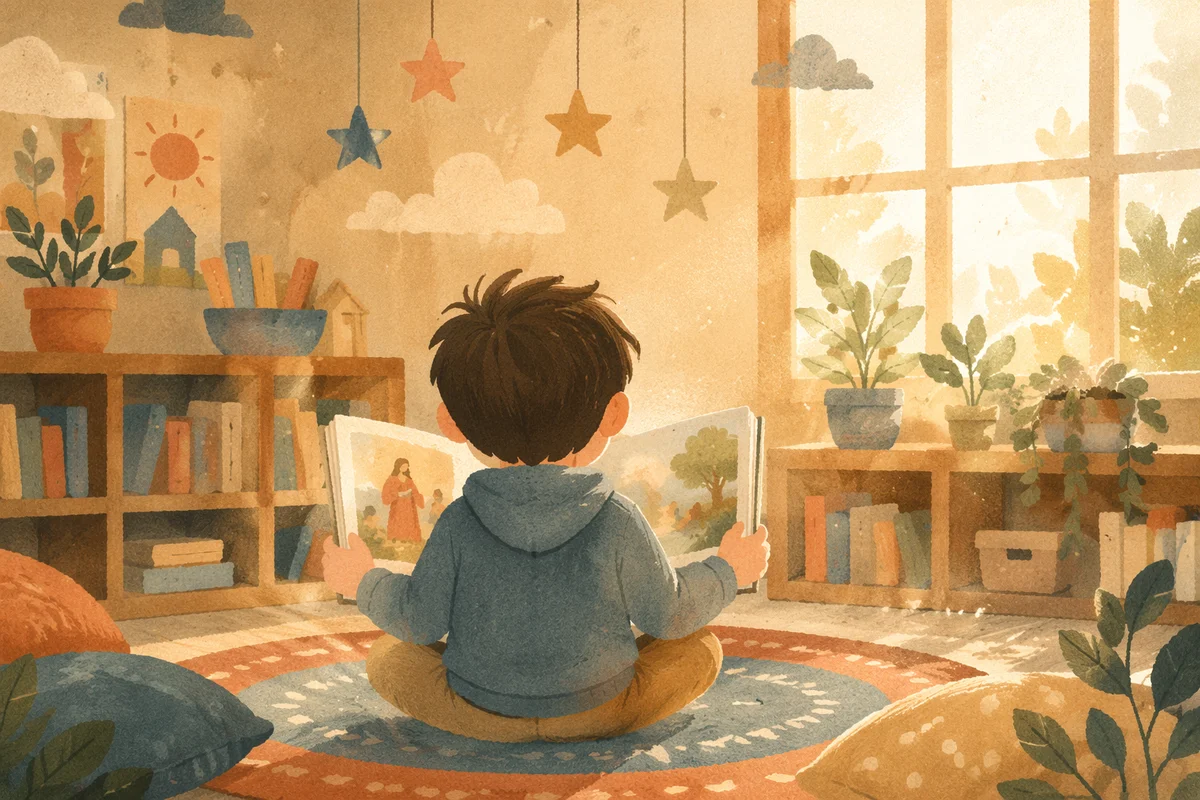 Child Reading Picture Book in Wonder
