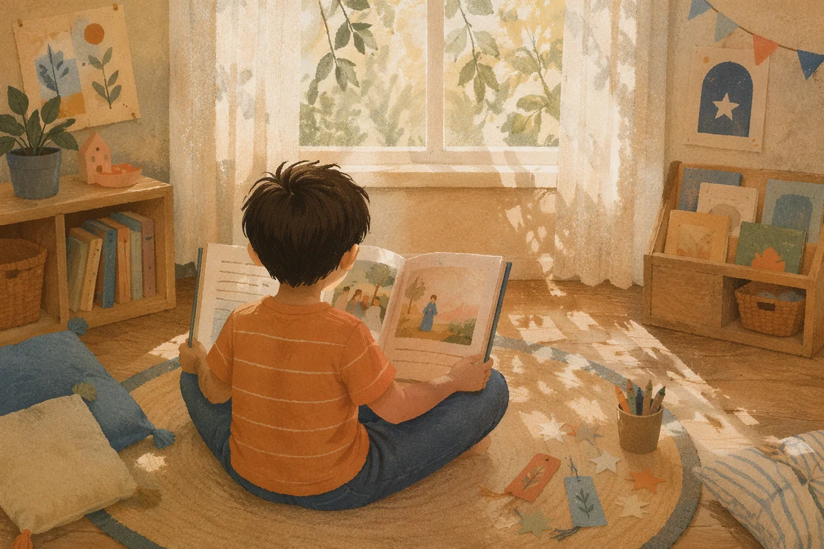 Child Reading in Sunlit Classroom Corner