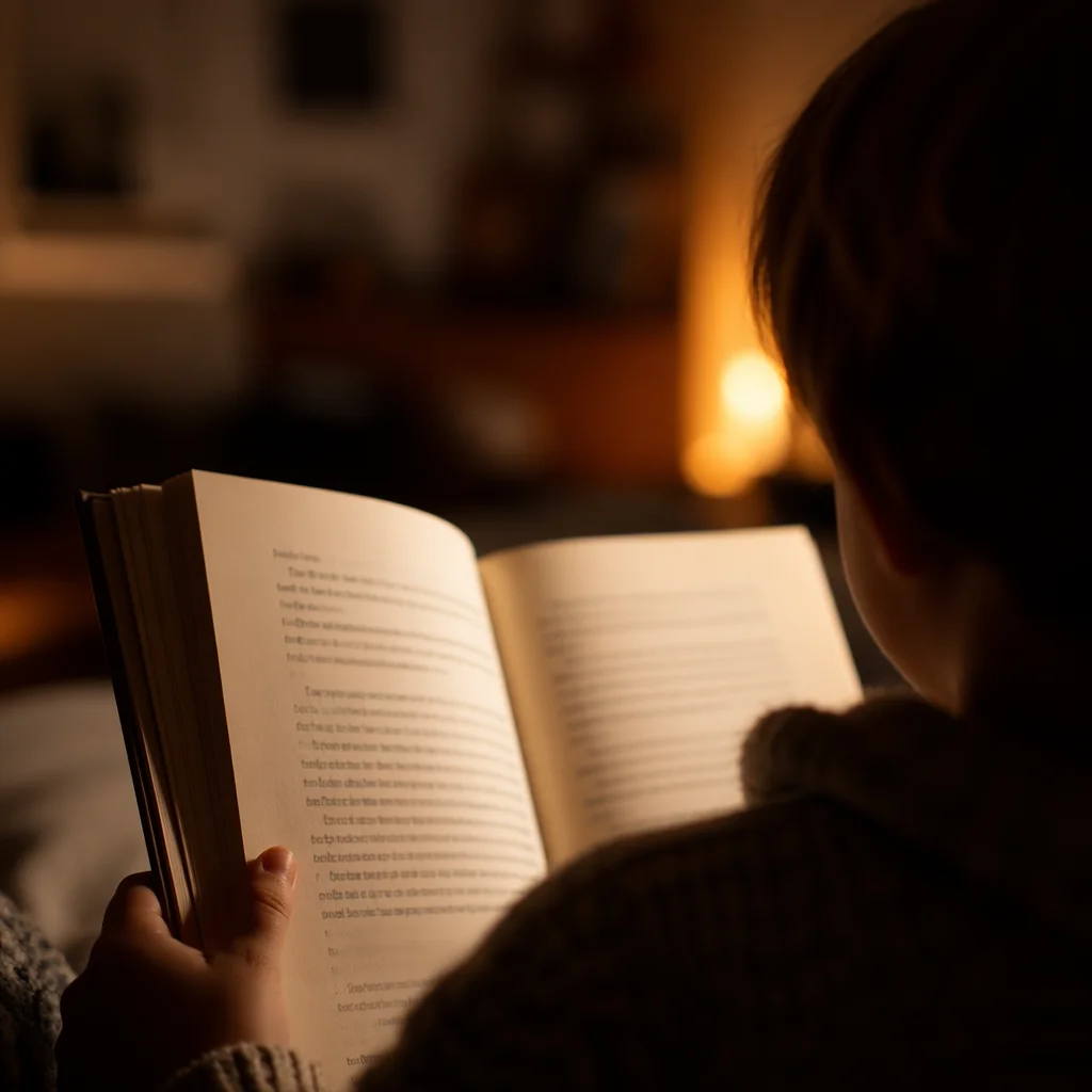 Child Reading Storybook in Warm Lamplight