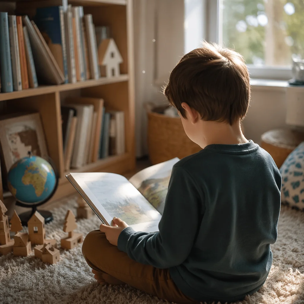 Child Reading with Wonder in Cozy Room