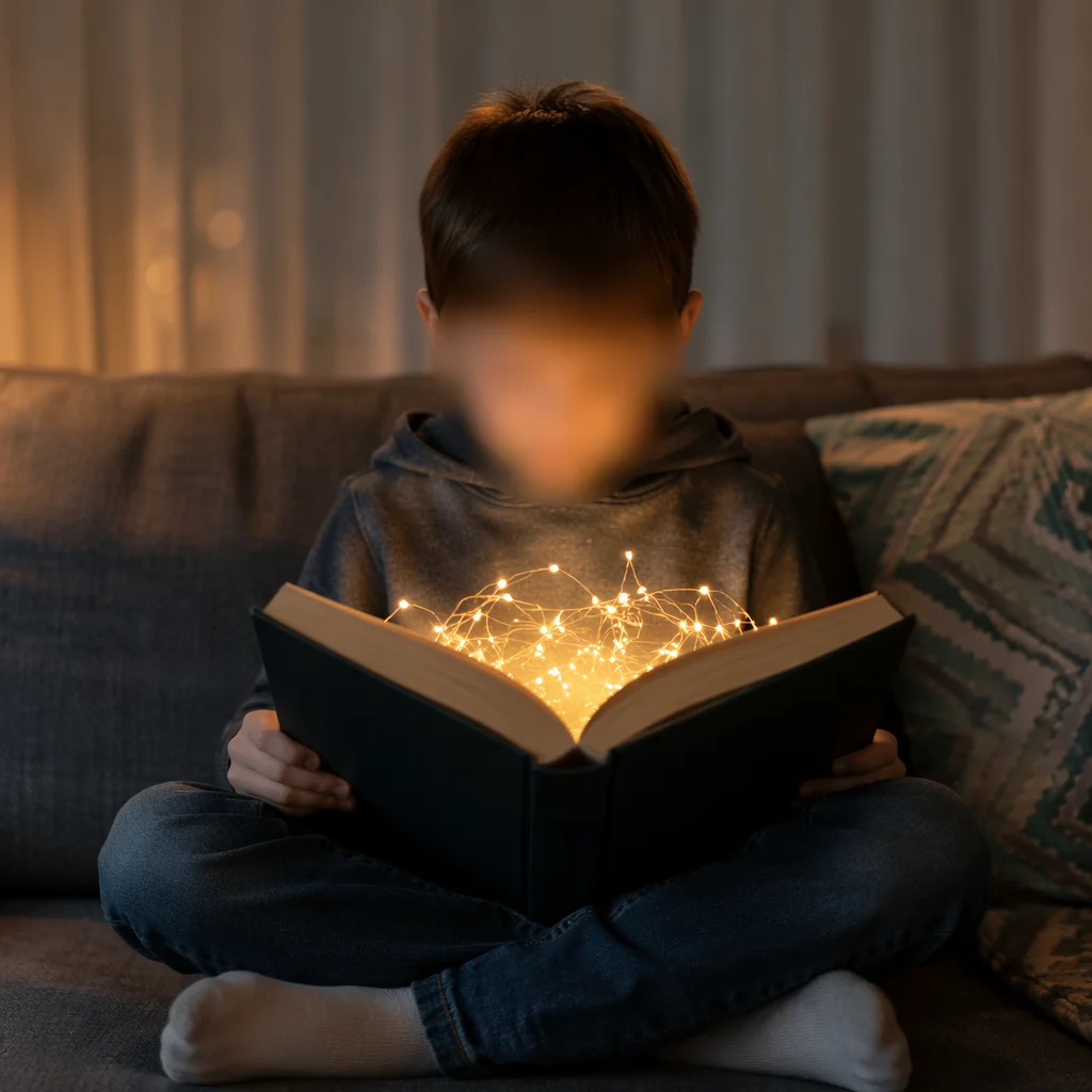 Child Reading Storybook with Magical Glow
