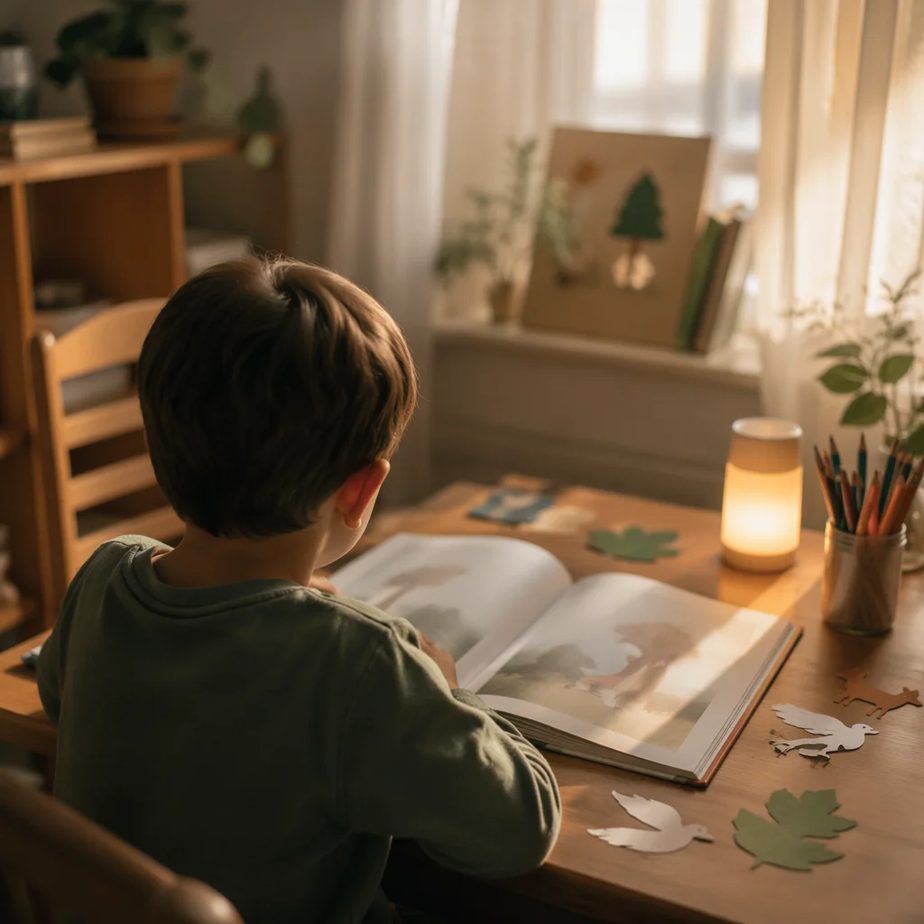 Child Reading with Wonder in Cozy Classroom