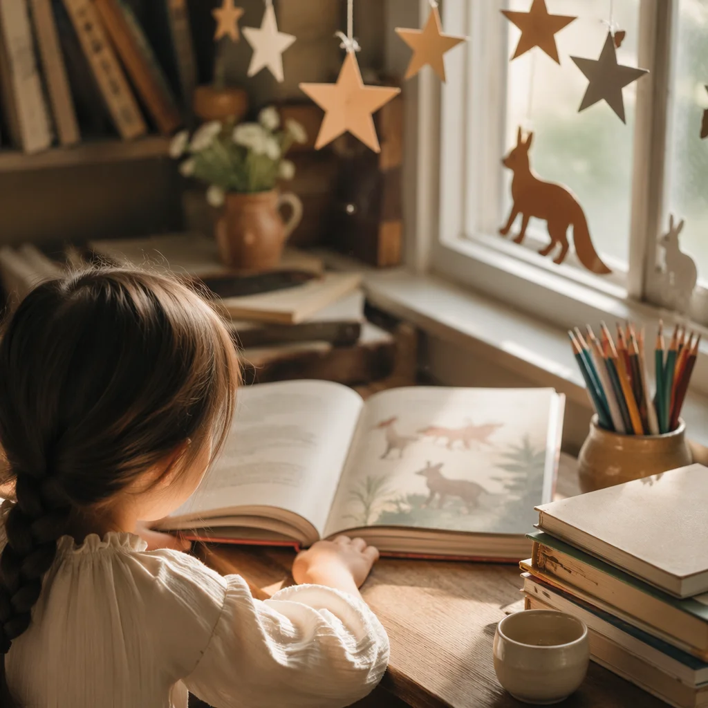 Child Reading in Cozy Morning Nook