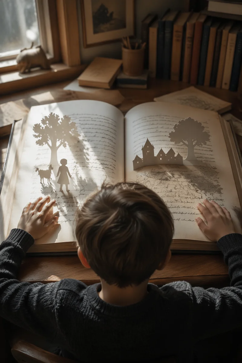 Child Reading Storybook With Quiet Wonder