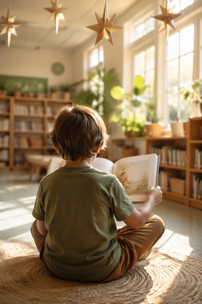 Child Reading in Warm Classroom Wonder