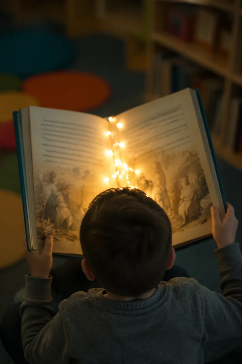 Child Reading Storybook with Glowing Wonder