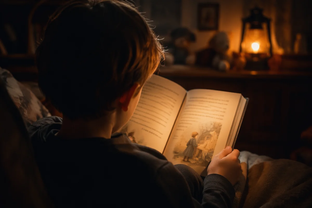 Child Reading Storybook in Warm Lamplight