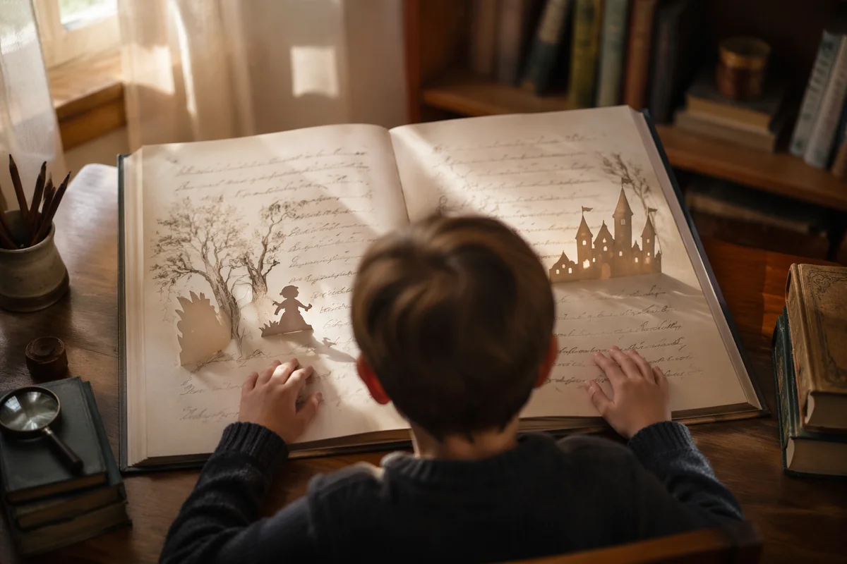 Child Reading Storybook in Warm Classroom Light