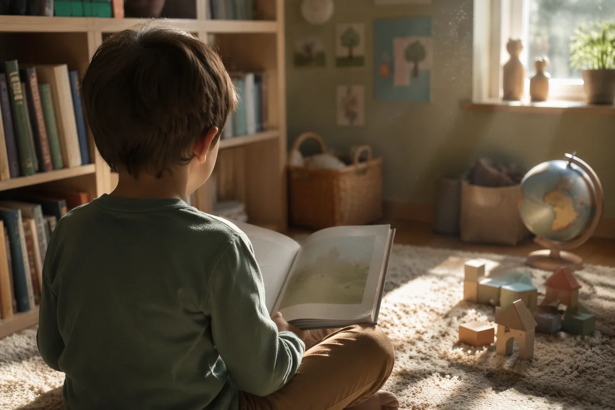 Child Reading Picture Book in Wonder