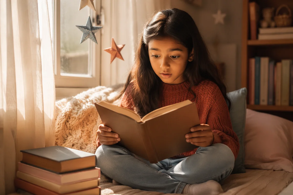 Curious Girl Reading on Window Seat
