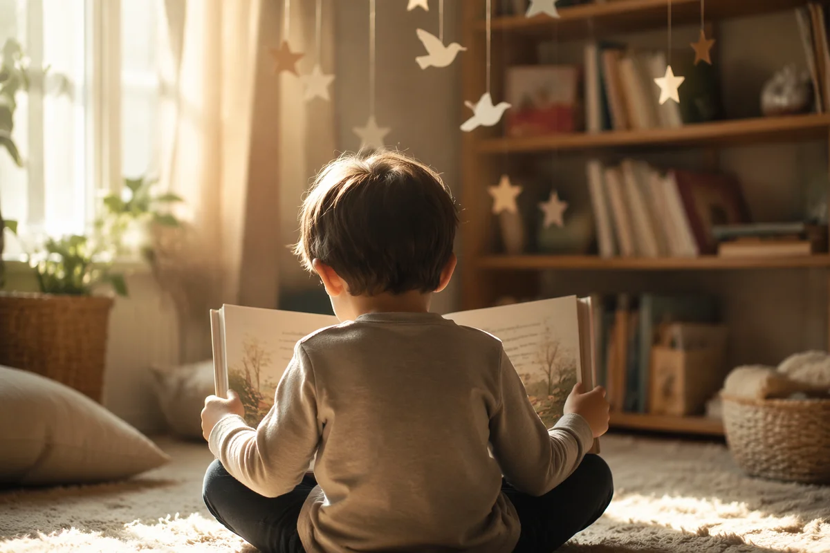 Child Reading in Sunlit Home Corner