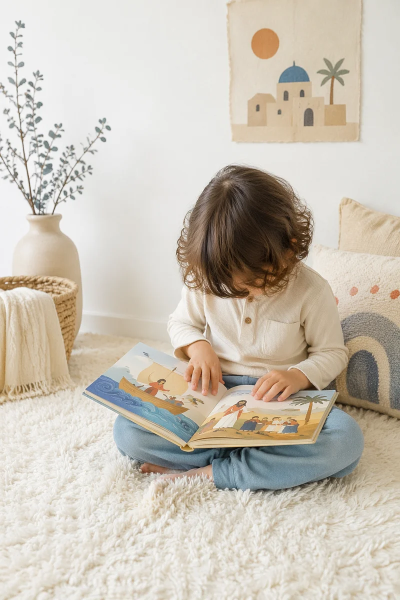 Child Reading Picture Book on Rug