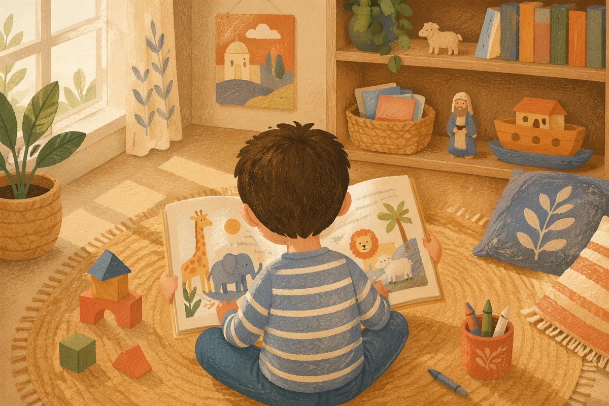 Child Reading Picture Book on Rug