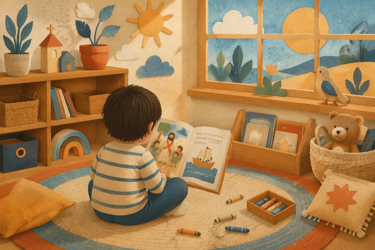 Child Reading Picture Book on Classroom Rug