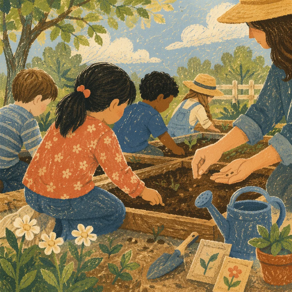 Children Planting Seeds in School Garden