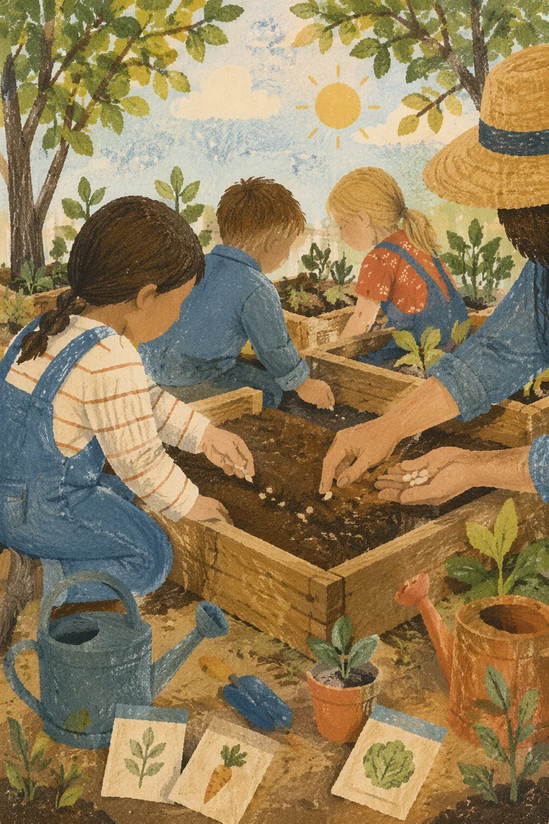 Children Planting Seeds in School Garden