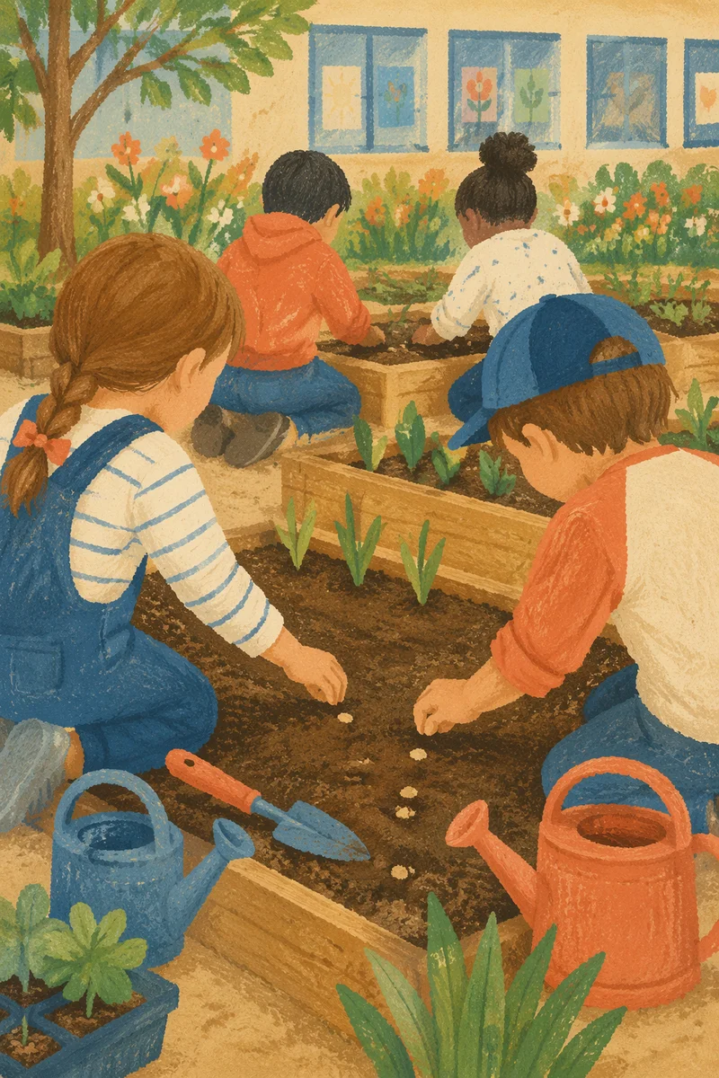 Children Planting Seeds in School Garden