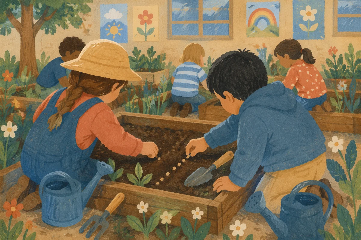 Children Planting Seeds in School Garden
