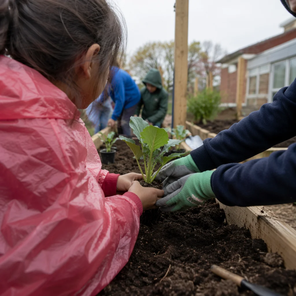 Children Planting Seedlings in School Garden