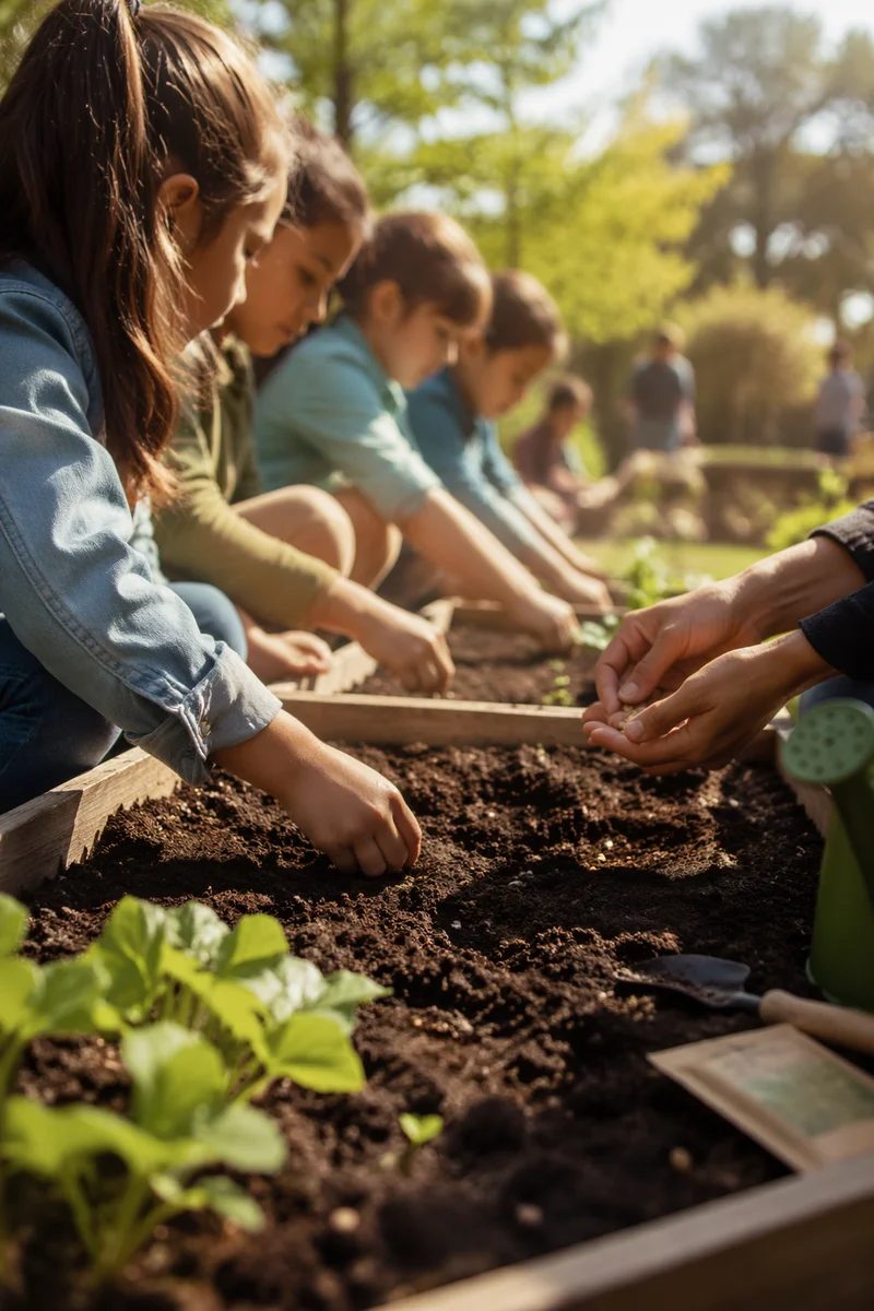 Children Planting Seeds in School Garden