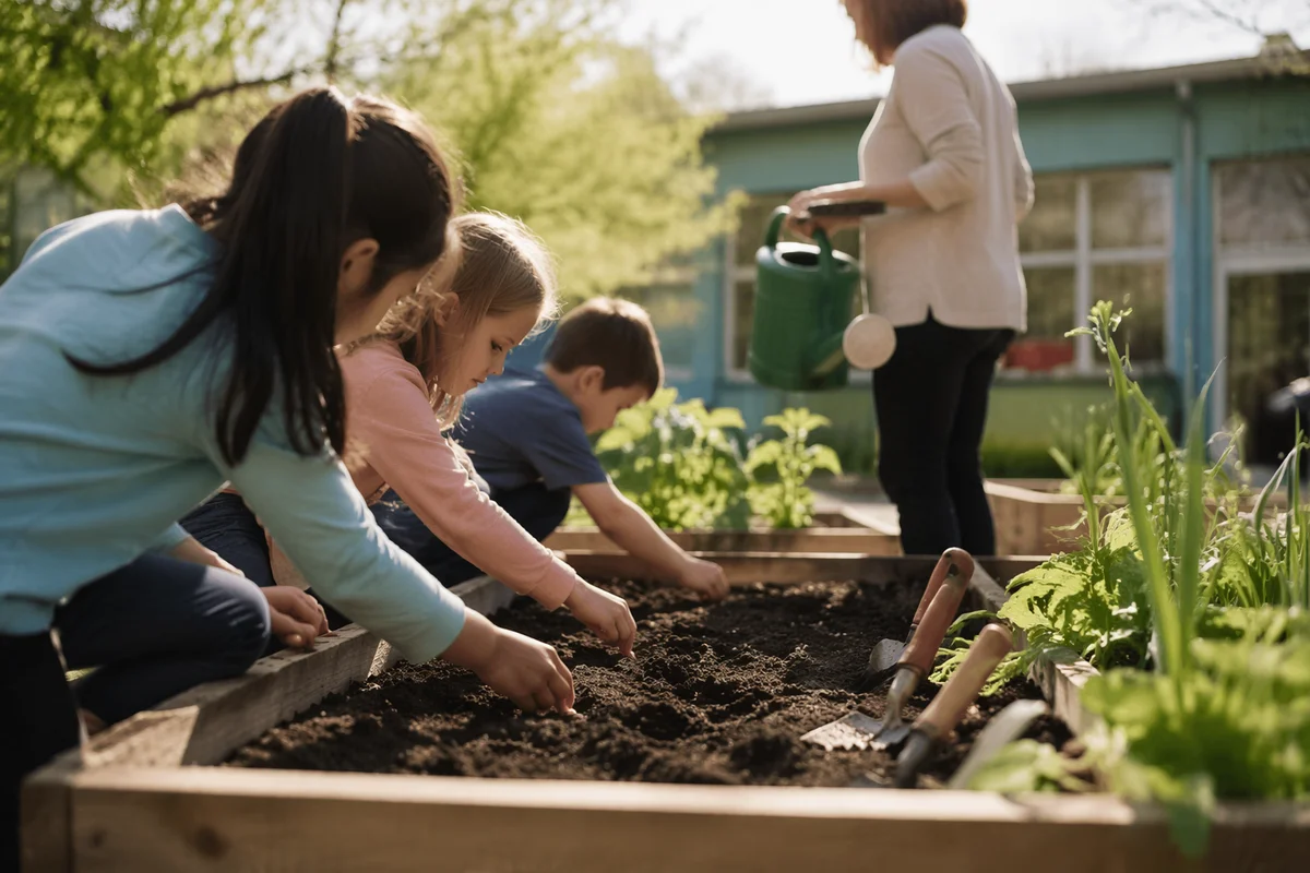Children Planting Seeds in School Garden