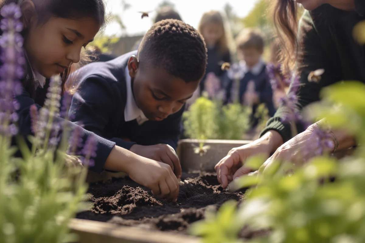Children Planting Seeds in School Garden