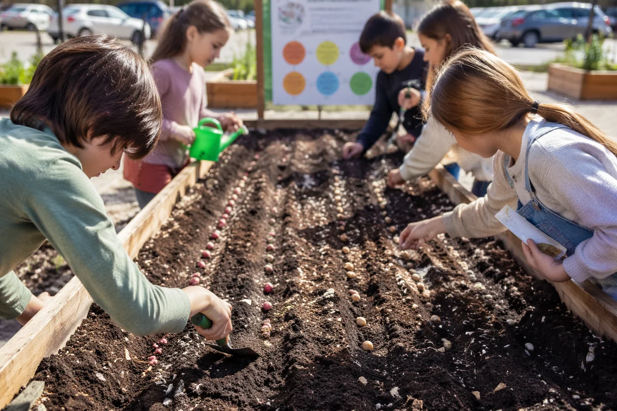 Children Planting Seeds in School Garden