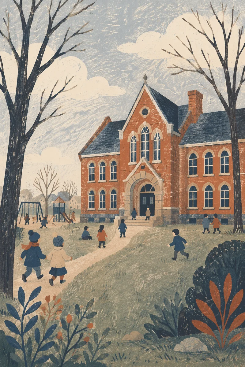 Historic School Recess on Winter Lawn