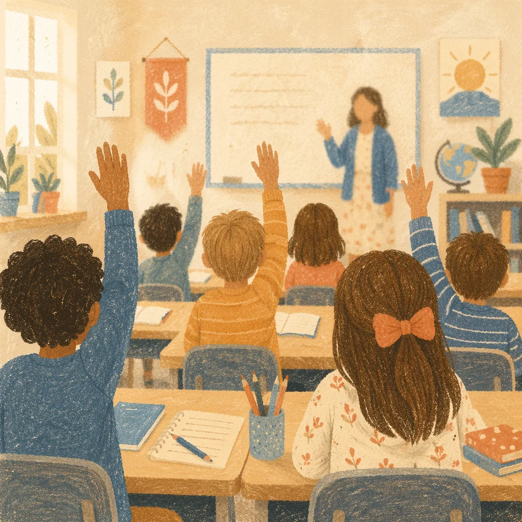 Children Raising Hands in Bright Classroom