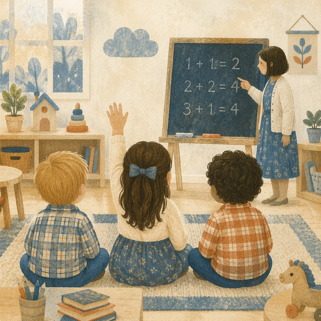 Children Raising Hands in Bright Classroom