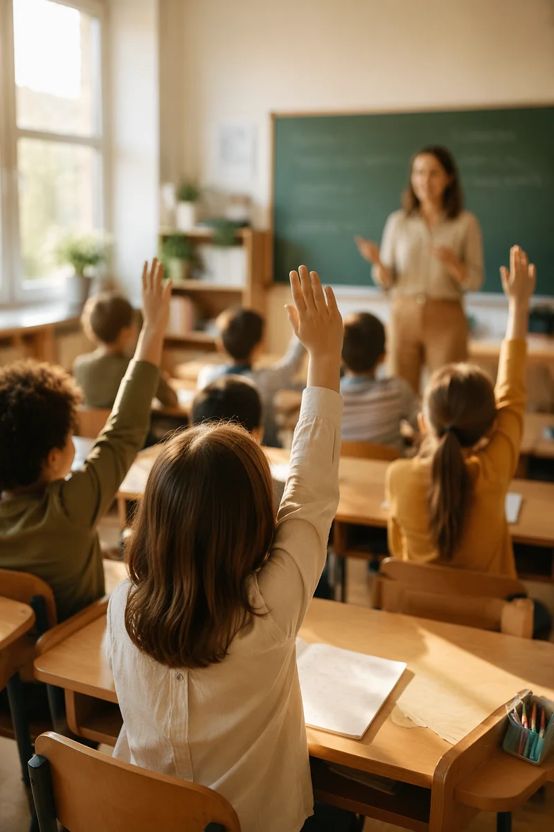 Children Raising Hands in Bright Classroom