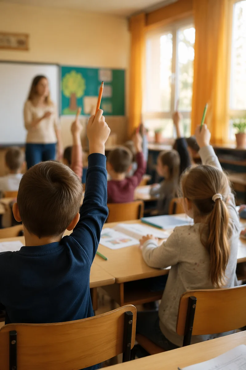 Children Raising Hands in Sunny Classroom
