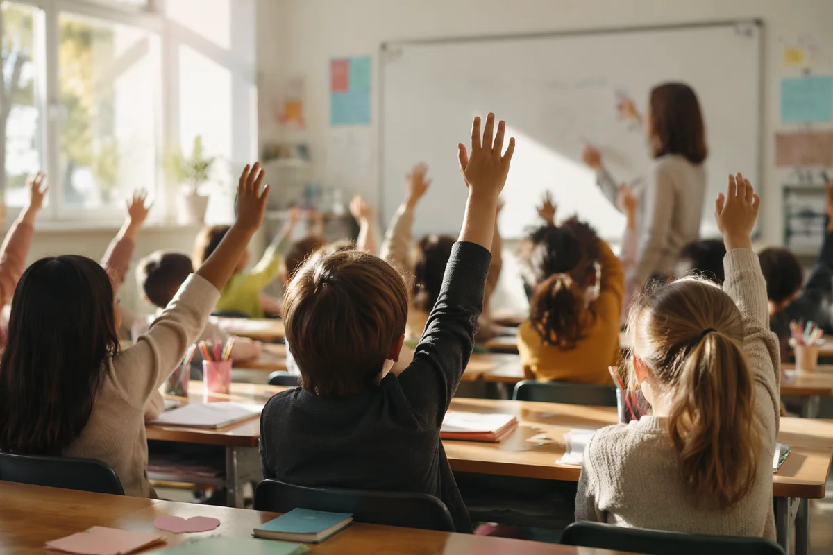 Children Raising Hands in Bright Classroom