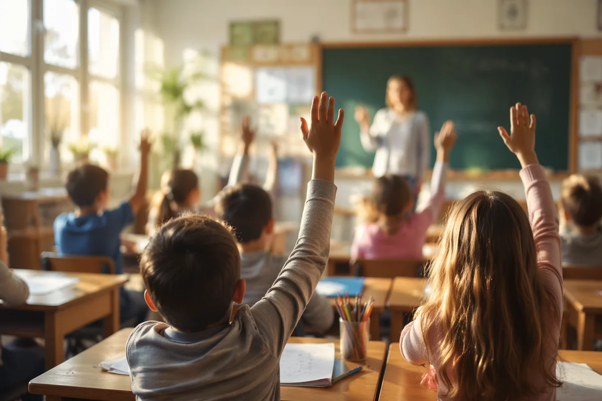 Children Raising Hands in Bright Classroom