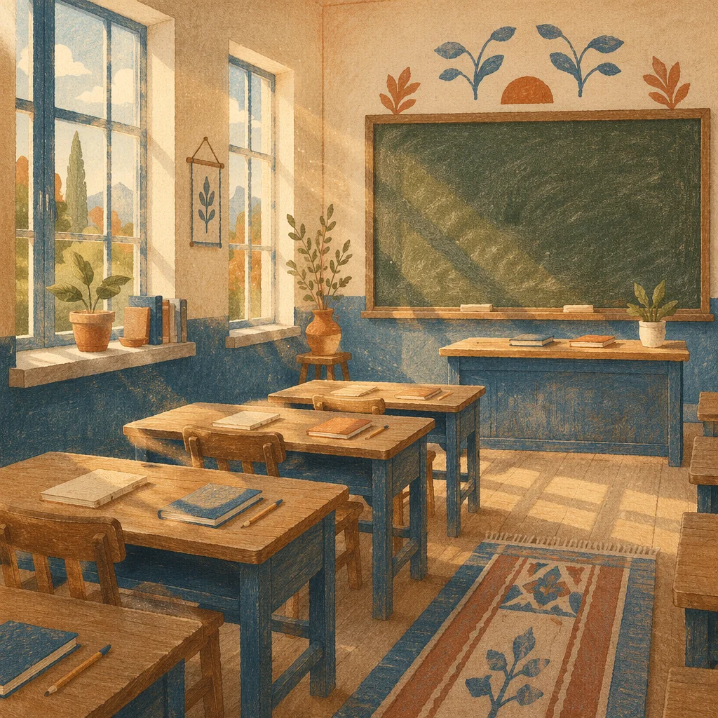 Empty Classroom with Sunlit Desks and Chalkboard