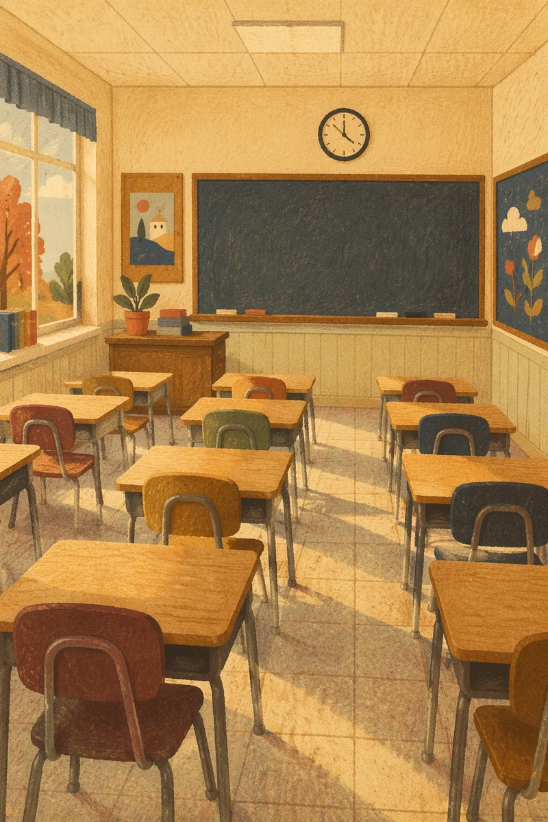Quiet Empty Classroom with Sunlit Desks