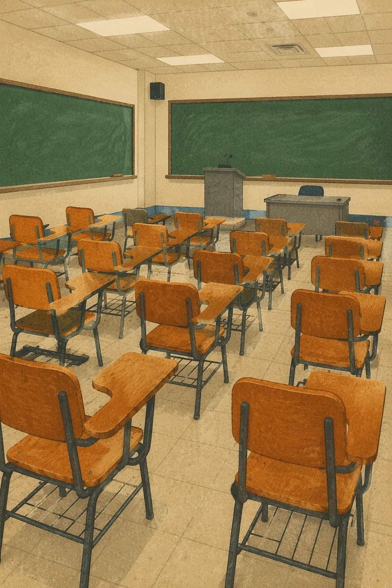 Empty Classroom with Chalkboards and Wooden Desks