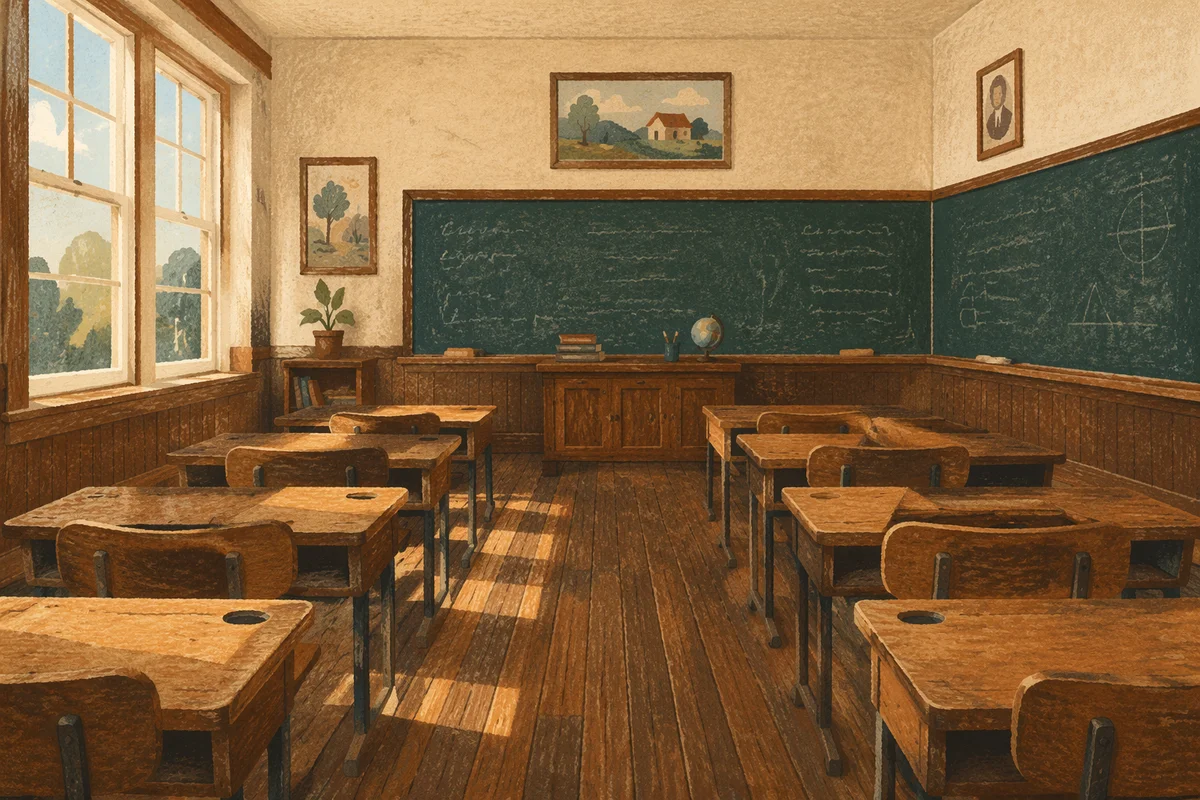 Empty Vintage Classroom with Green Chalkboard