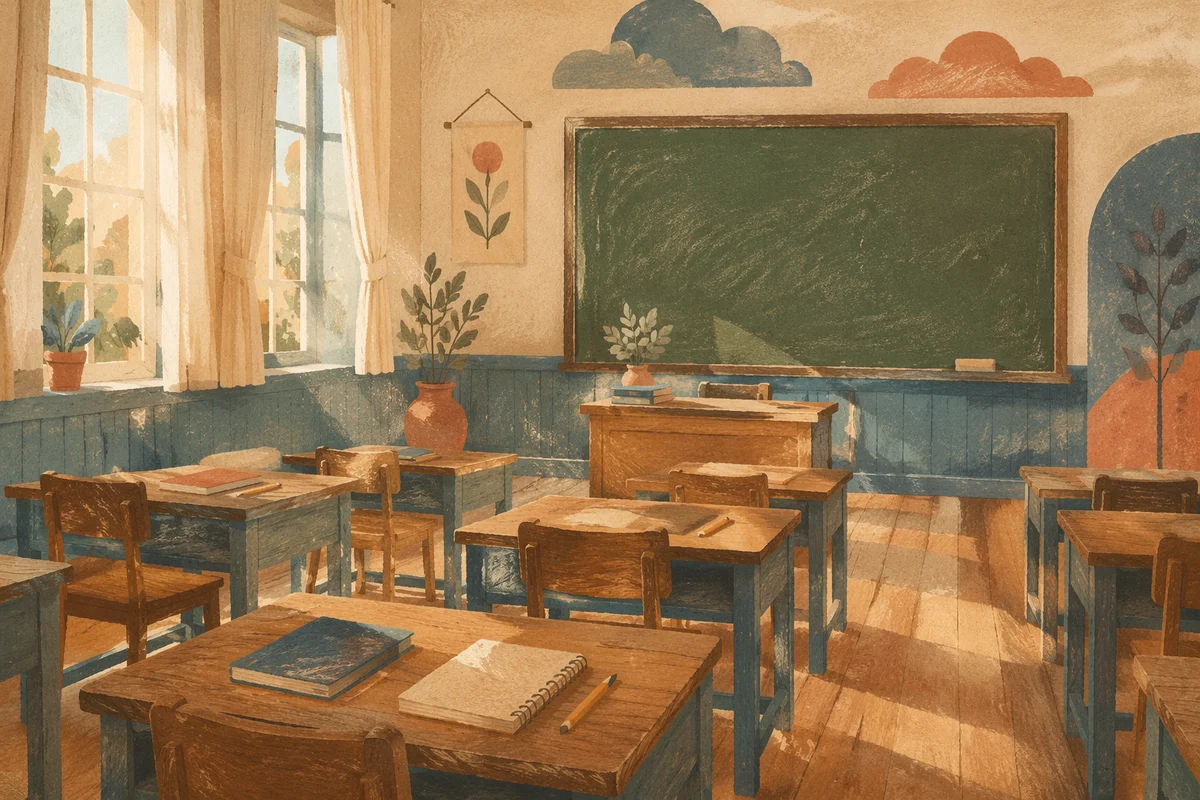 Sunlit Empty Classroom with Wooden Desks