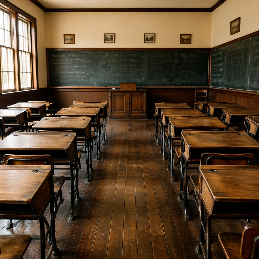 Empty Vintage Classroom with Chalkboard